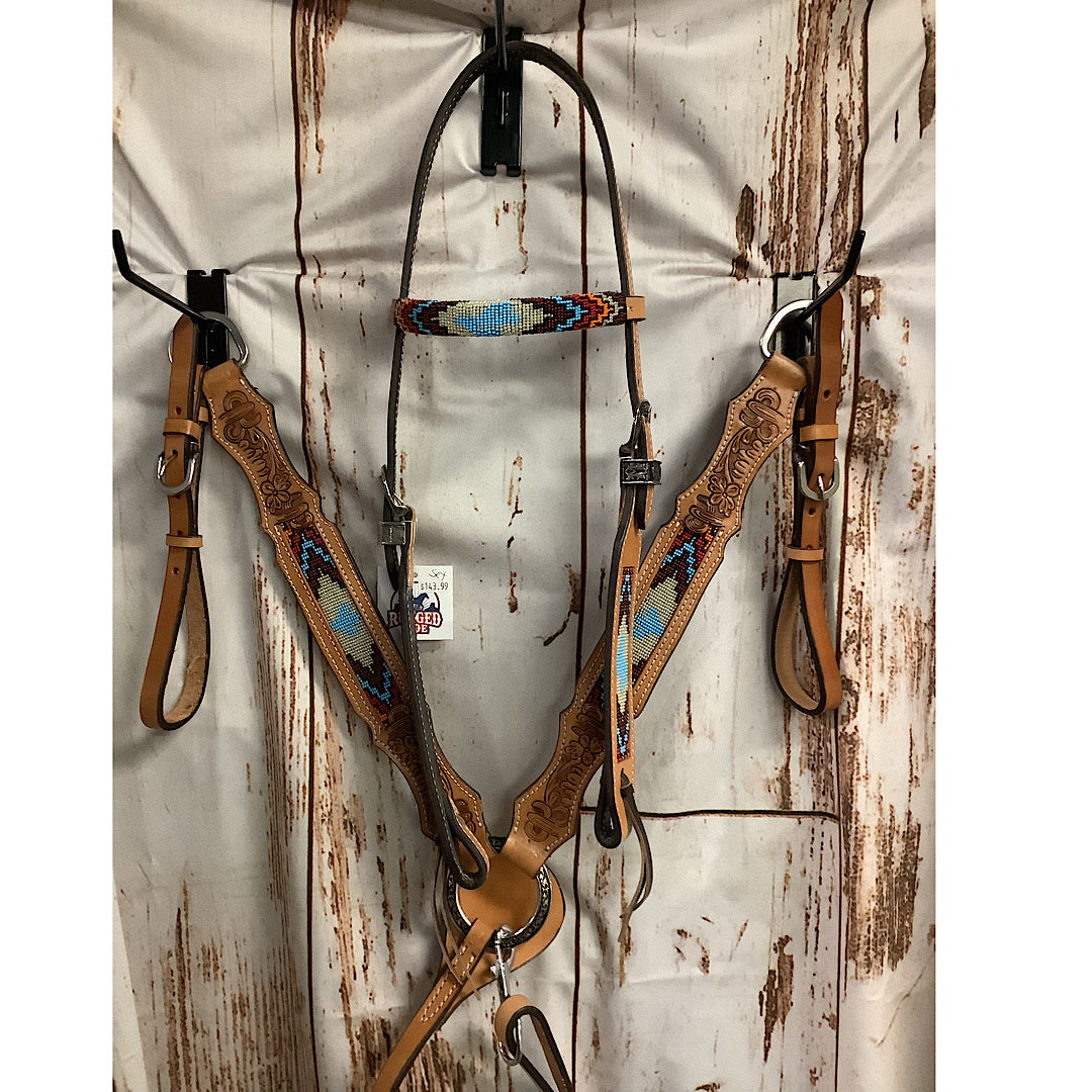 Rugged Ride - Beaded Inlay & Carved Cactus Tan Leather Headstall & Breast Collar Set HB1050