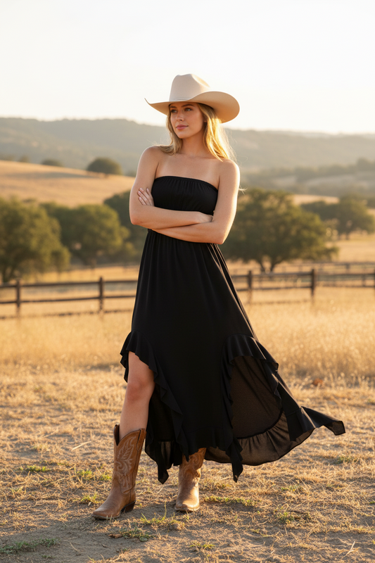 LUCKY & BLESSED - Black Strapless, Ruffle Hem 620453