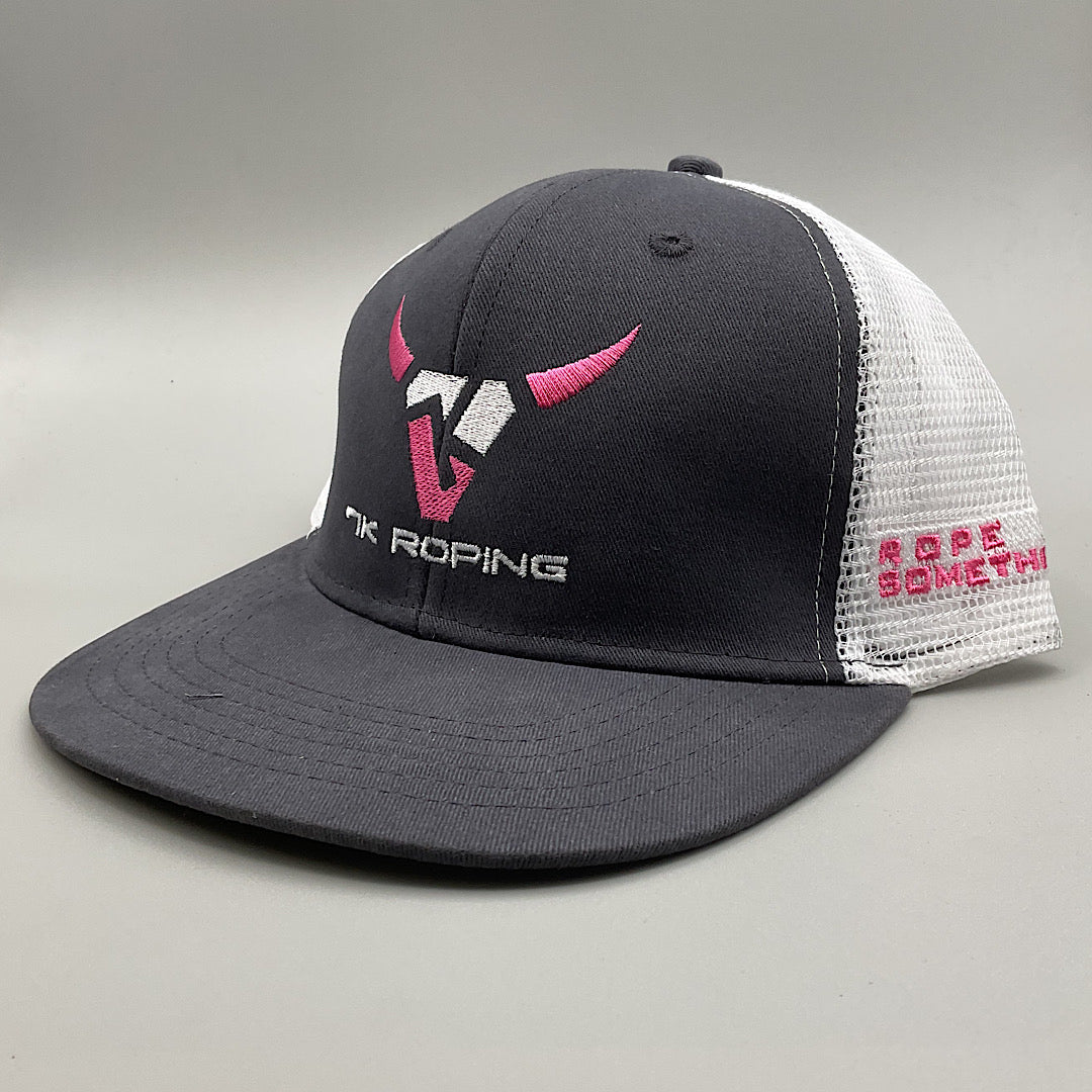 7K Roping - Charcoal & White Pink & White Logo Snap Back Ladies Ball Cap