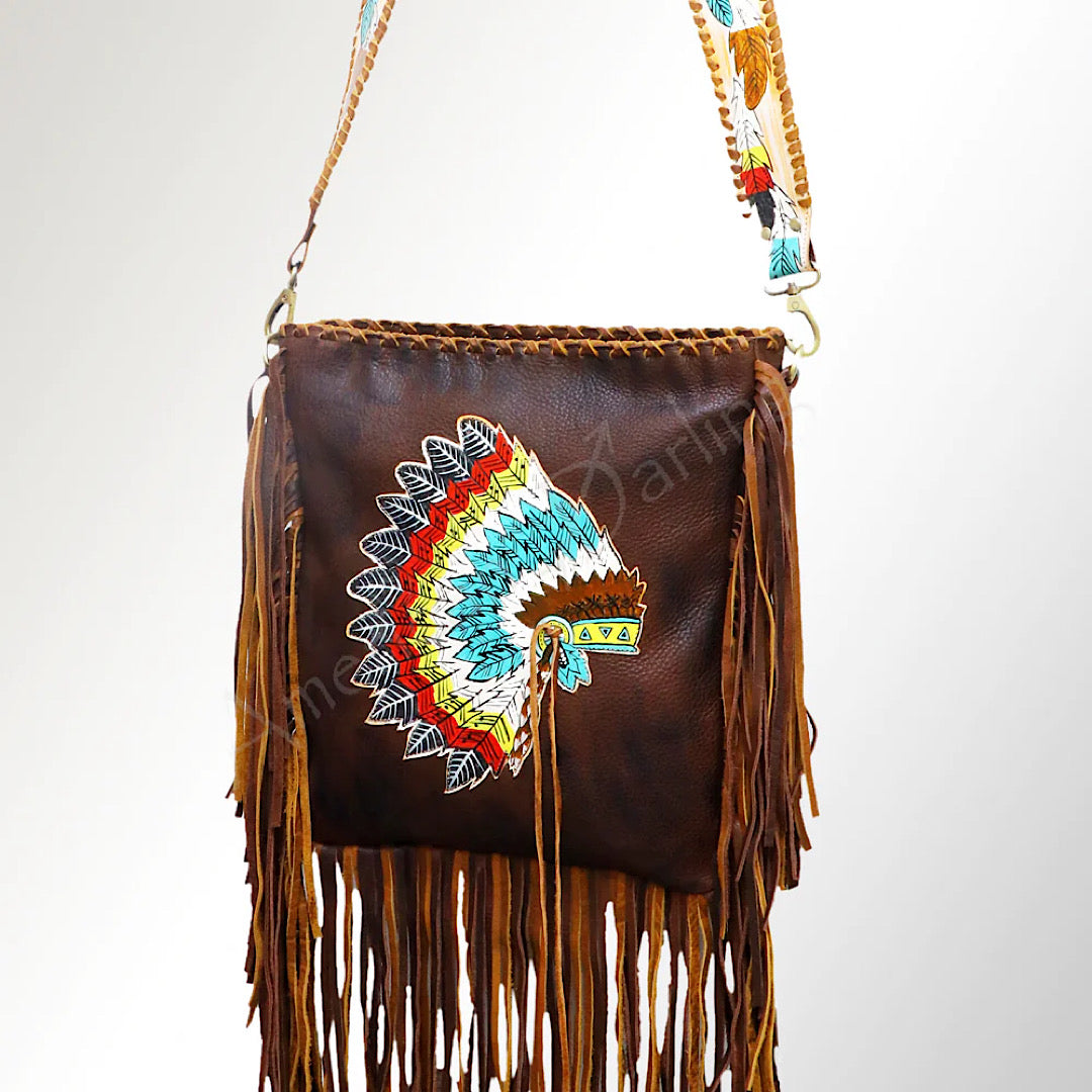 American Darling - Hand Painted & Carved Indian Headress Crossbody Handbag ADBGM155R3