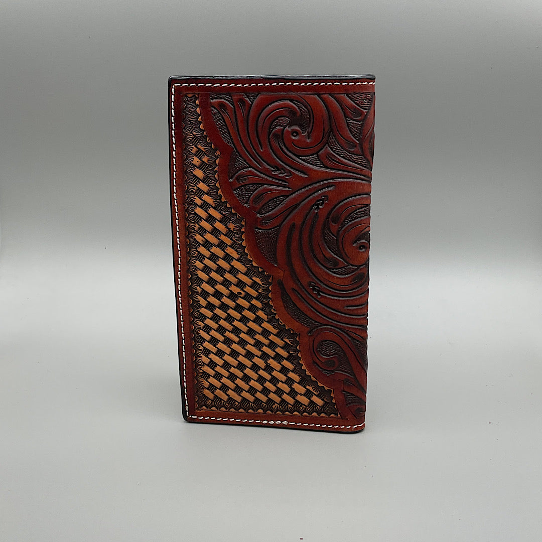 Ranger Belt Co - Chestnut Stamped & Carved Leather Men’s Checkbook Cover/Rodeo Wallet C1308