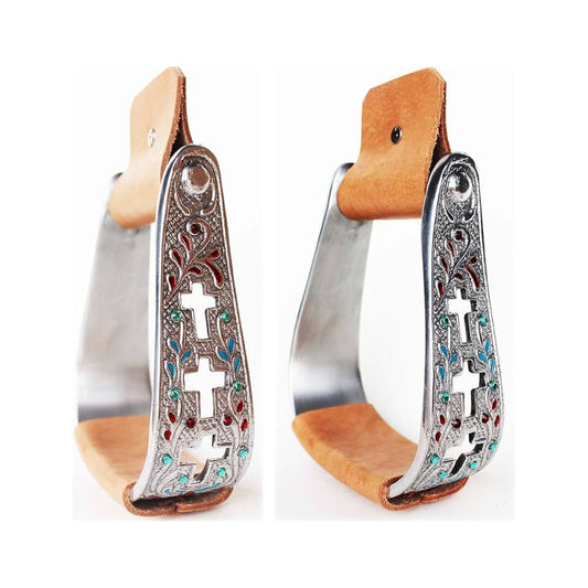 Saddle Aluminum Stirrups Leather Engraved Cross Western Stirrup