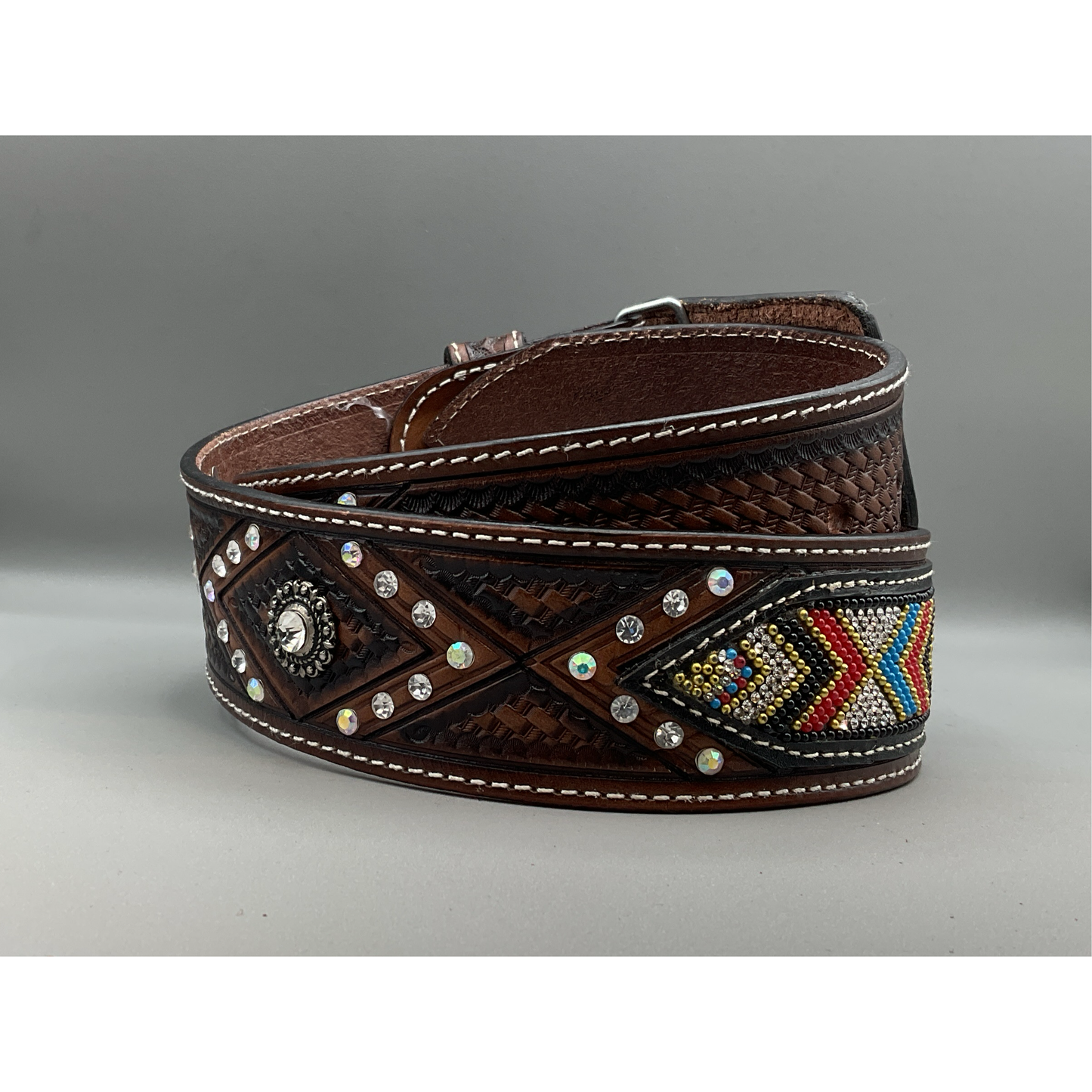 Lucky & Blessed Ladies Belt w/ buckle - stamped, round concho, rhinestone