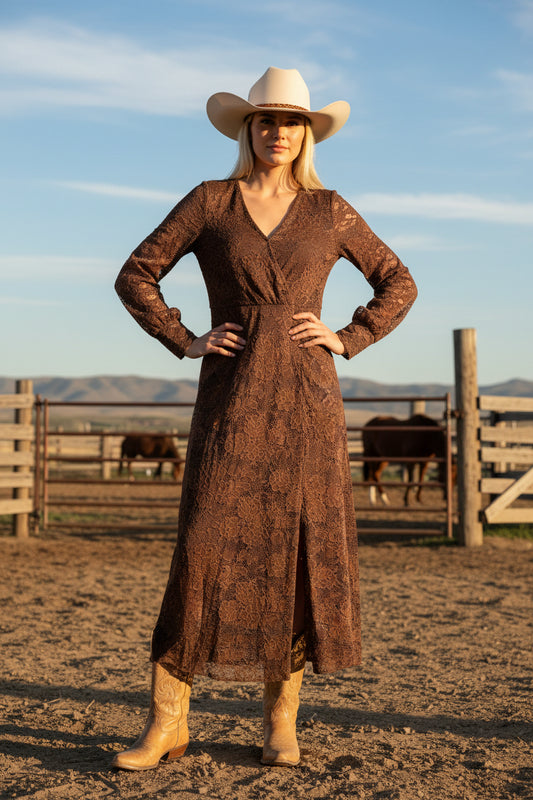 LUCKY & BLESSED - Brown Lace Long Sleeve Dress 620453