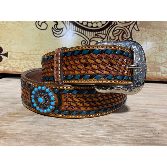 Twisted X Men’s Belt- Basket weave stamped, blue whip-stitch, blue concho X-9040