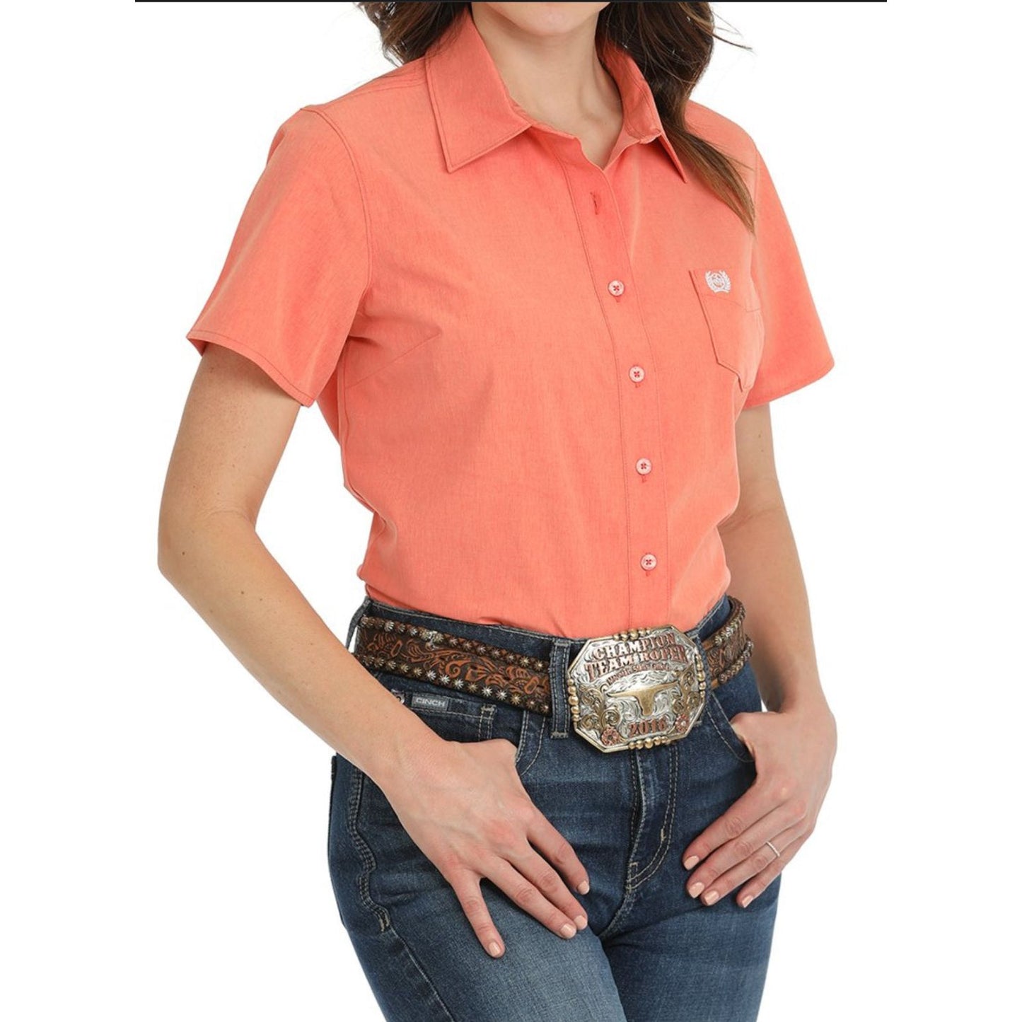 WOMEN'S SOLID BUTTON-DOWN WESTERN SHIRT - CORAL MSW9162001