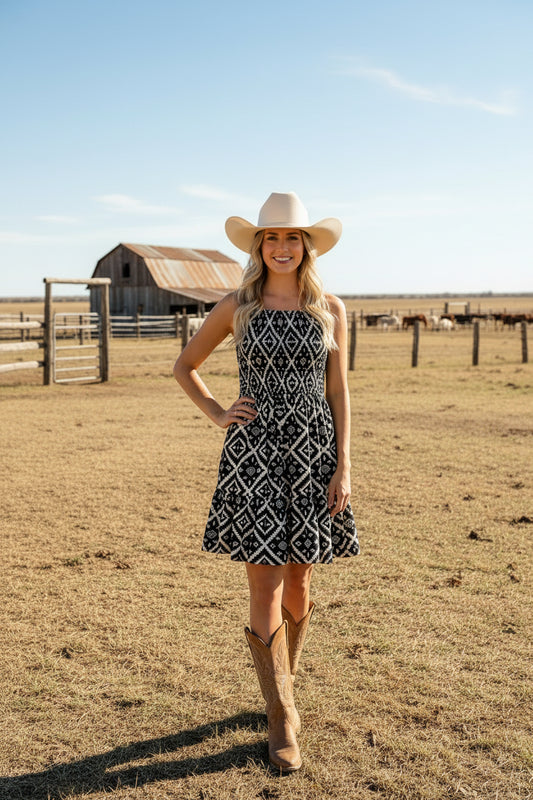 LUCKY & BLESSED - Black Aztec Flutter Dress 620453