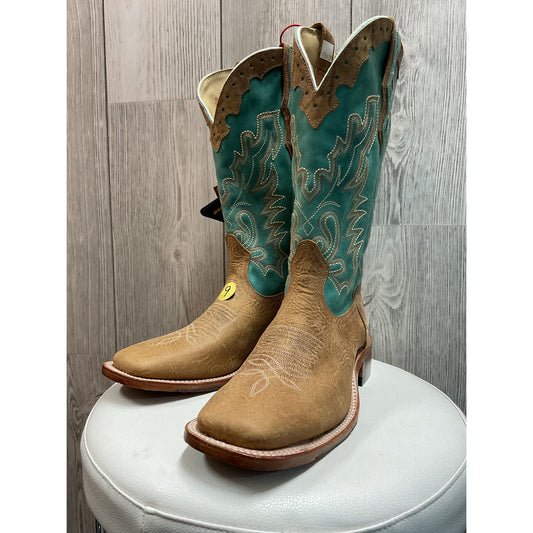 BOULET Ladies WESTERN BOOTS, Tan & turquoise, Square Toe, 2908