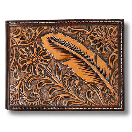 Ariat - Brown Floral & Feather Embossed Men’s Passcase Bifold Wallet A3557602