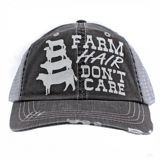 BHW - Distressed Black & Grey With Glitter “Farm Hair Don’t Care” Velcro Back Ladies Ball Cap