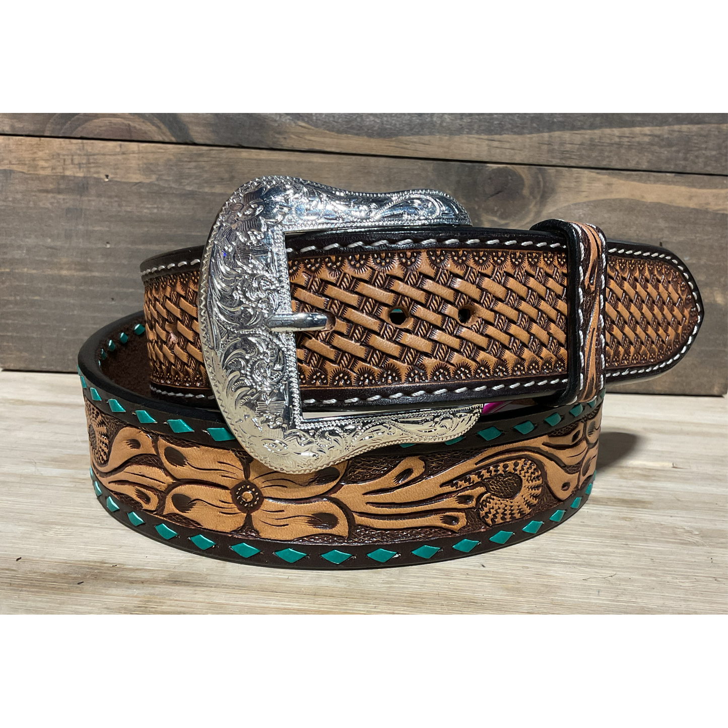 Twisted X Men’s Belt-  Floral tooled and Basket wave stamped with green whipstiching XBT1173