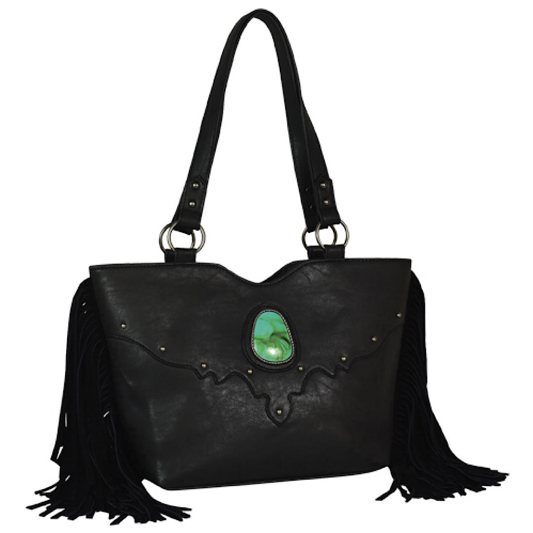 Justin - Black Leather with Fringe & Faux Turquoise Cabochon Handbag 2022511