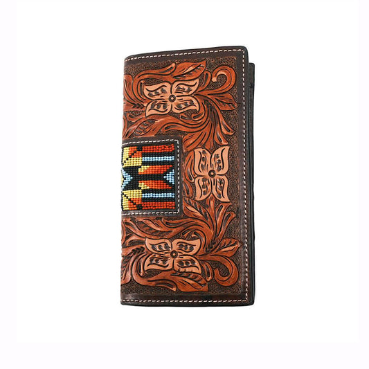 Twisted X - Brown Tooled Leather with Beaded Accent Checkbook Cover/Rodeo Wallet XH-251R