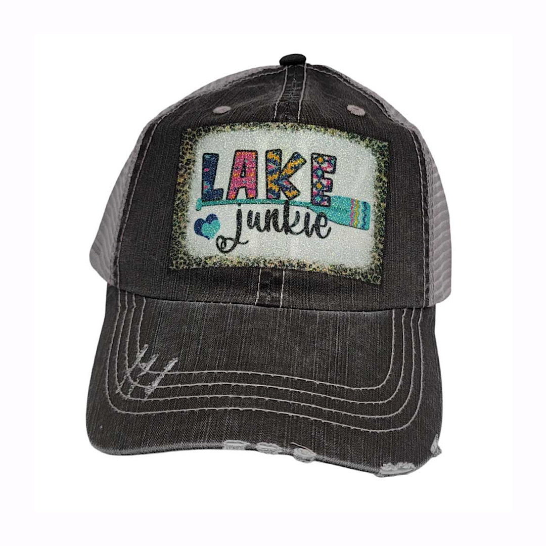 BHW - Distressed Black & Grey With Glitter Patch “Lake Junkie” Velcro Back Ladies Ball Cap