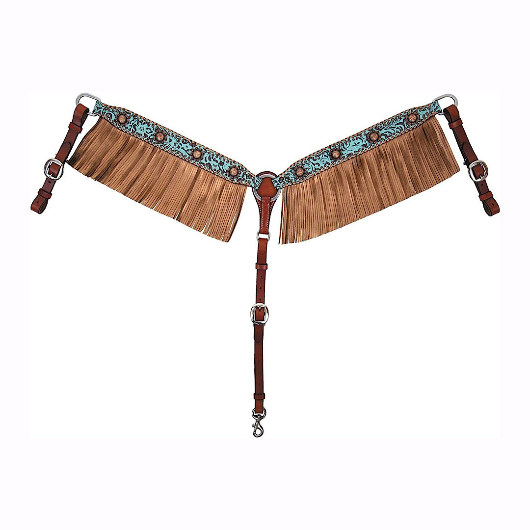 Circle Y - Exotic Turquoise & Gold Metallic Whipstitch & Fringe Leather Breast Collar X4404-1004