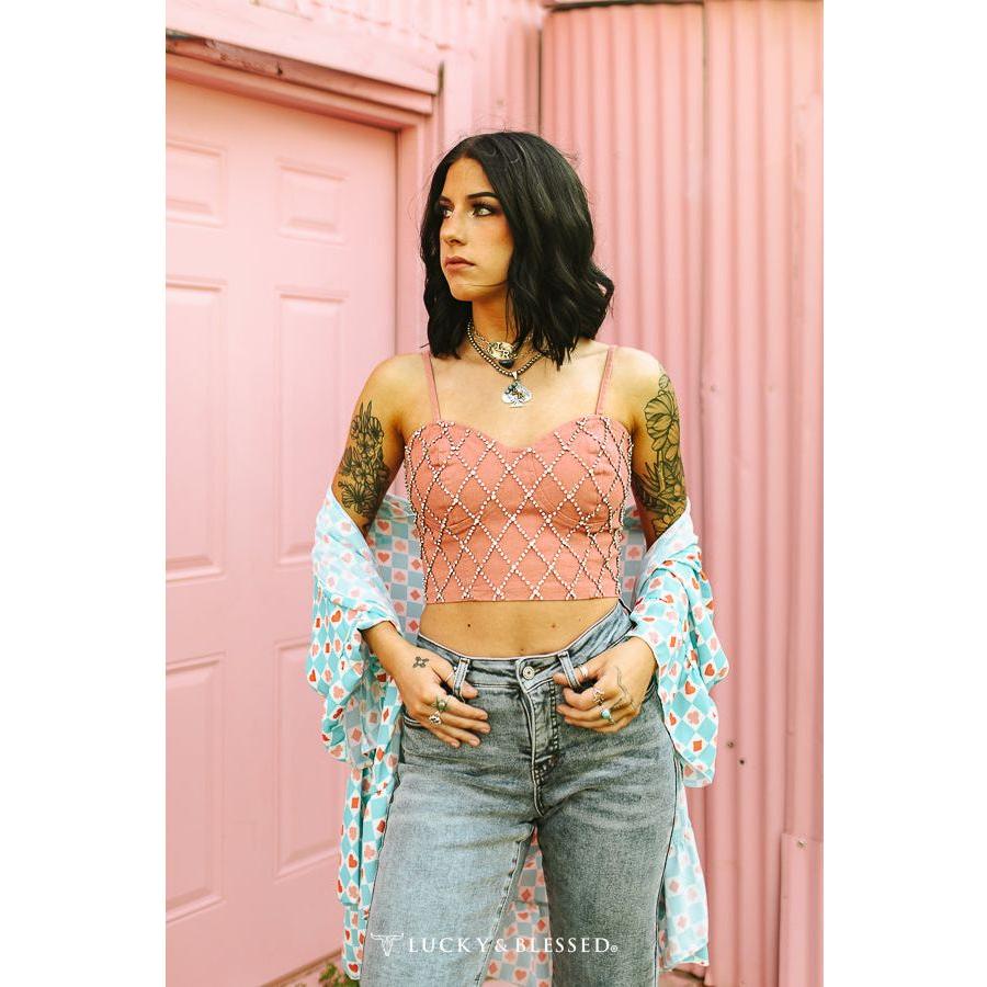 Lucky & Blessed Pink Denim Rhinestone Studded Spaghetti Strap | TO603-PK