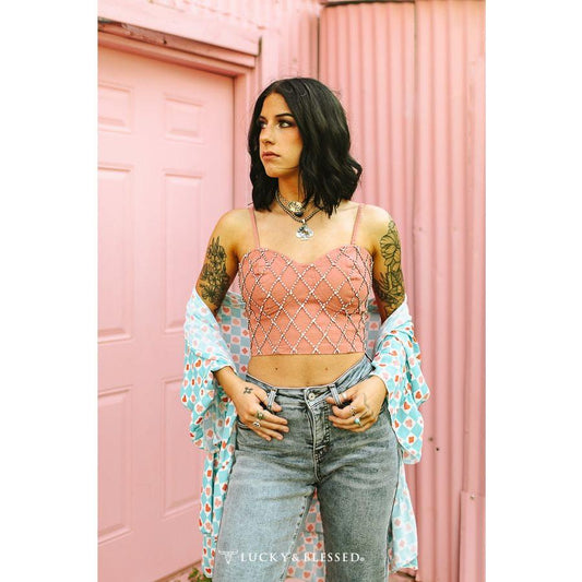 Lucky & Blessed Pink Denim Rhinestone Studded Spaghetti Strap | TO603-PK