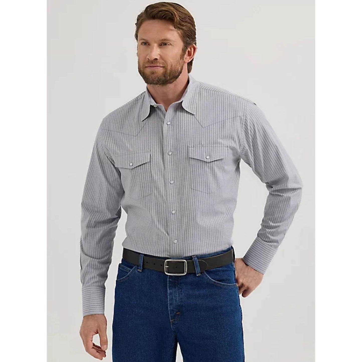 MEN'S WRINKLE RESIST LONG SLEEVE WESTERN SNAP STRIPE SHIRT IN SMOKY GREY