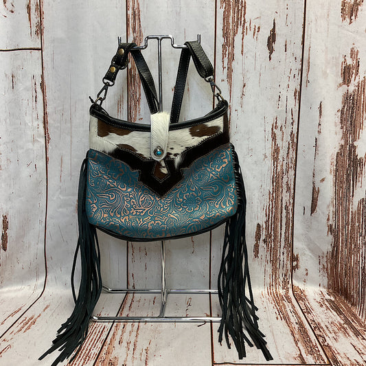 Myra Bag- Sapphire Vines Leather &  Hairon with Fringe Tooled Handbag S-3981