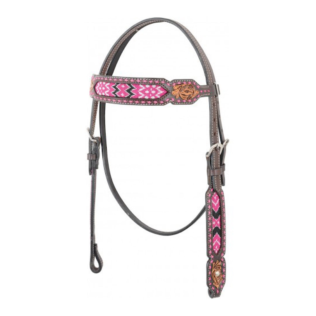 Western Rawhide - Country Legend Chocolate Brown With Pink Buckstitch & Beaded Inlay Browband Headstall 223051