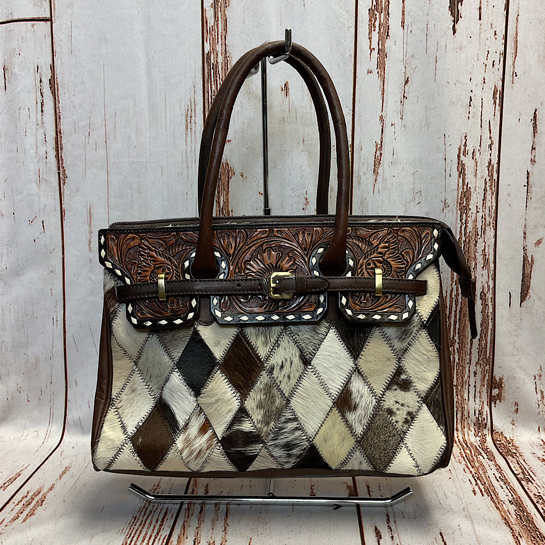 American Darling - Checkered Hide & Tooled Buckstitch Accent Handbag ADBGI151D