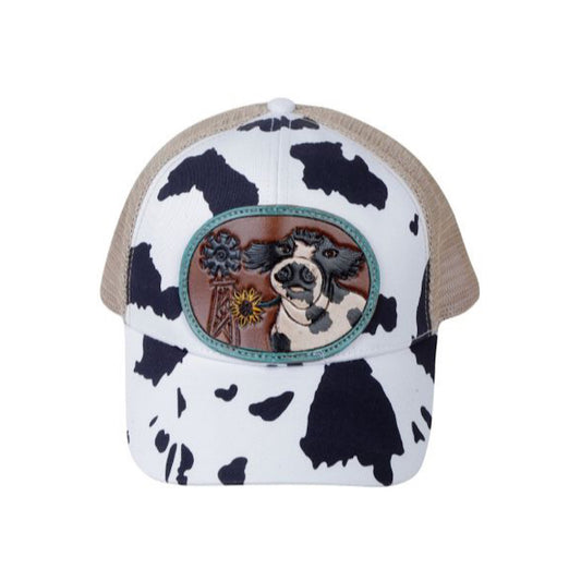 Myra Bag - White Moos Black & White Cow Print  & Tan With Carved Leather Badge Cow Snap Back Ladies Ball Cap S-4850