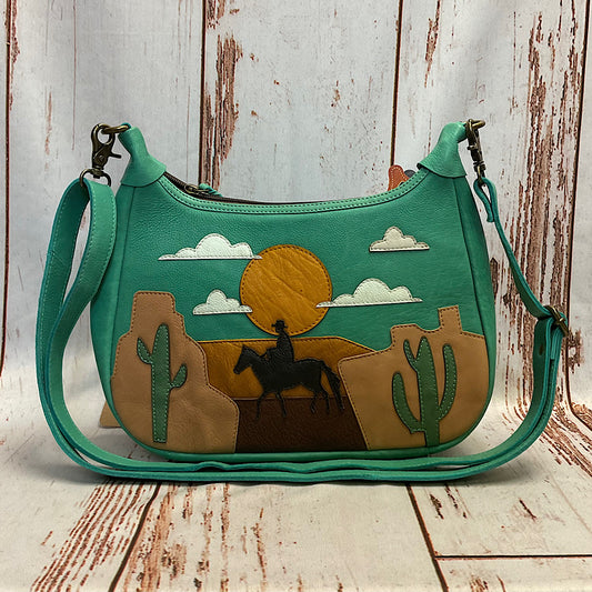 American Darling - Green Leather with Rider in Desert Scene Handbag ADBGM355