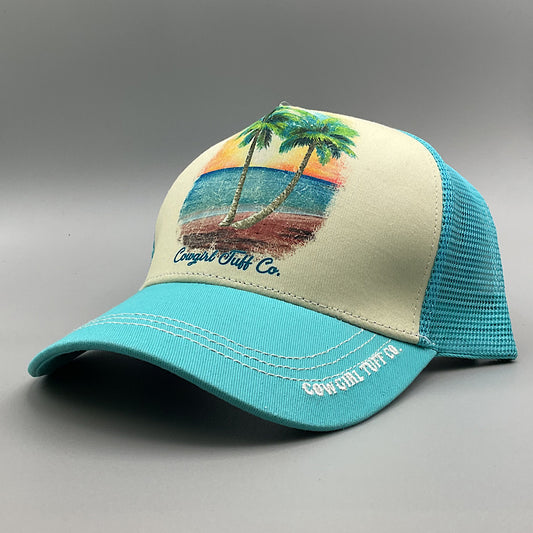 Cowgirl Tuff - Turquoise Palm Trees At Beach Velcro Back Ladies Ball Cap C15-100378-TUR