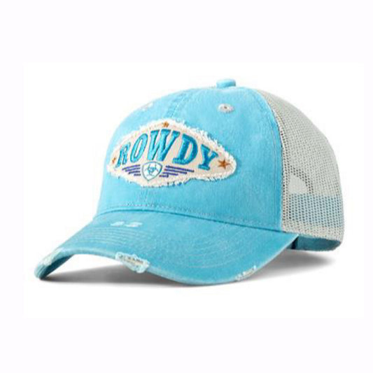 Ariat - Distressed Light Blue & Grey With Rowdy Ariat Logo Patch Velcro Back Ladies Ball Cap A300084727