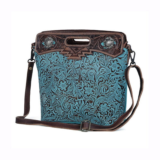 Myra Bag- Blue Blossoms Embossed Leather & Tooled Handbag S-3363