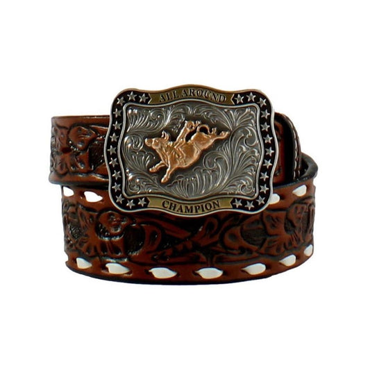 3D Belt Boys Tooled Floral Bucklace Stitch Brown - D120002802