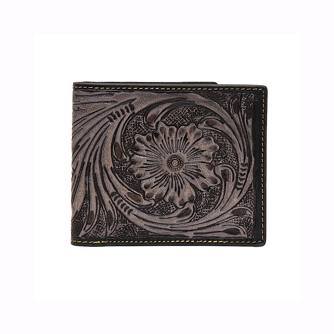 Myra Bag - Grenda Grey Tooled Leather Men’s Bifold Wallet S-5887