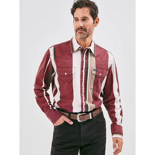 VINTAGE-INSPIRED BRUSHPOPPER WESTERN SNAP WORKSHIRT IN BURGUNDY STRIPE