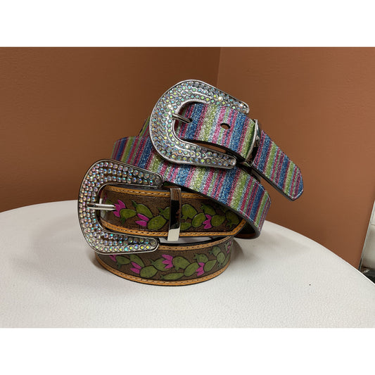 Angel Ranch Girls Belt -Reversible, Leather Tooled Cactus Vs Striped Sparkle D130001697