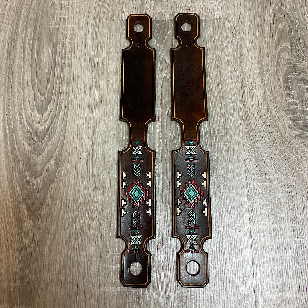 Twisted Pistol Design - Dark Oil Leather Navajo Design Tooled & Painted Slobber Straps