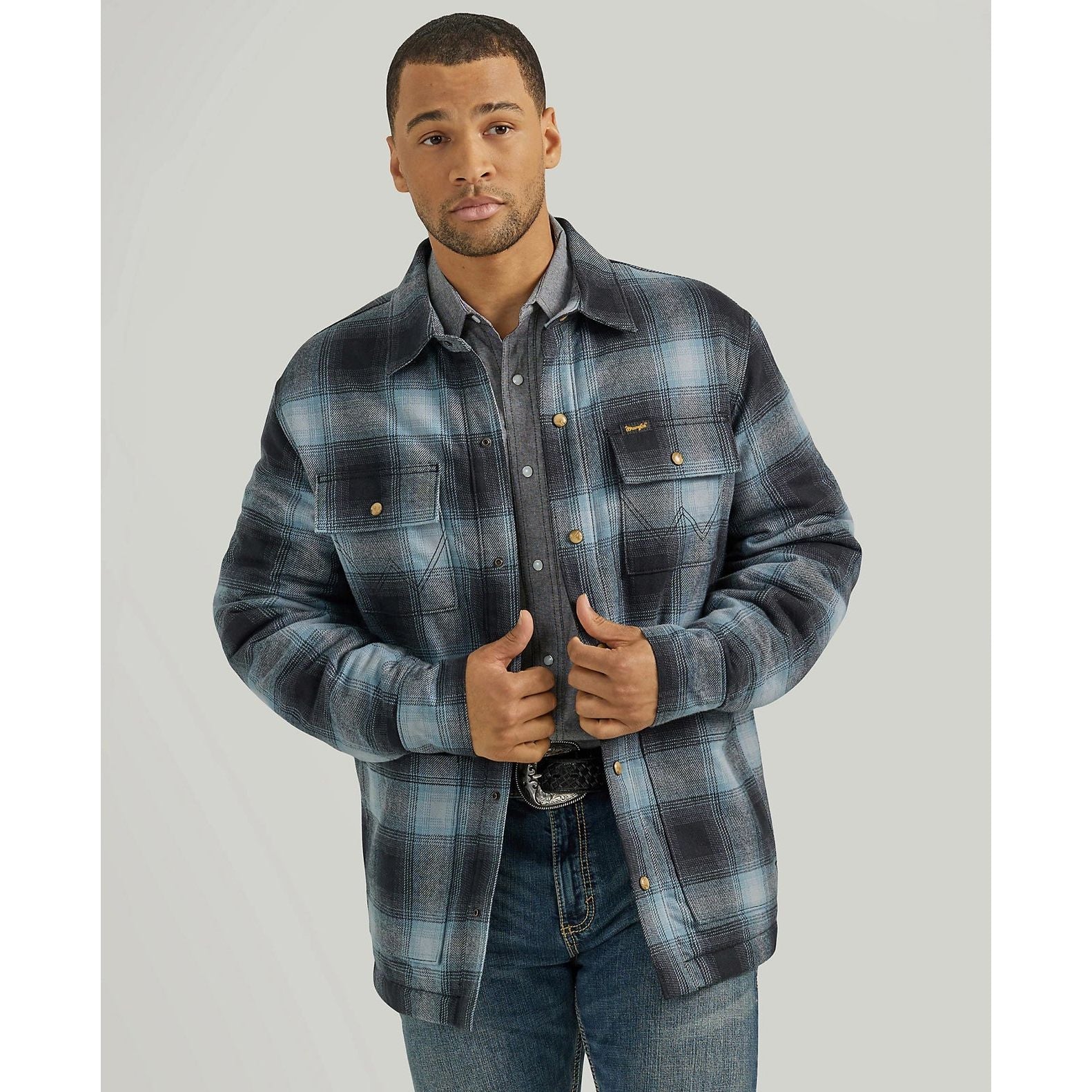 MEN'S WRANGLER SHERPA LINED FLANNEL SHIRT JACKET IN MID- STATE