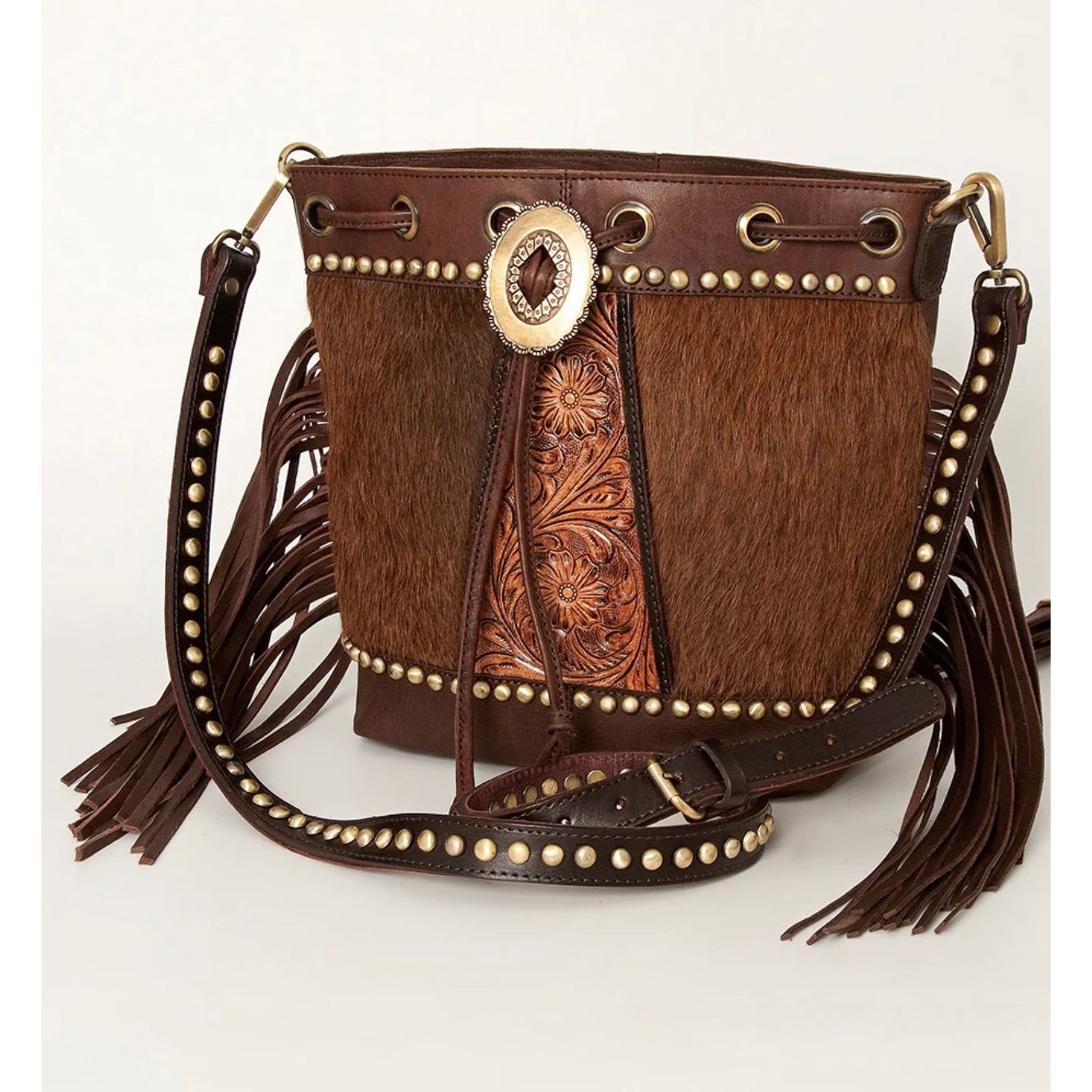 American Darling Bucket Hand Tooled Hair-On Genuine Leather Women Bag Western Handbag Purse ADBGI149