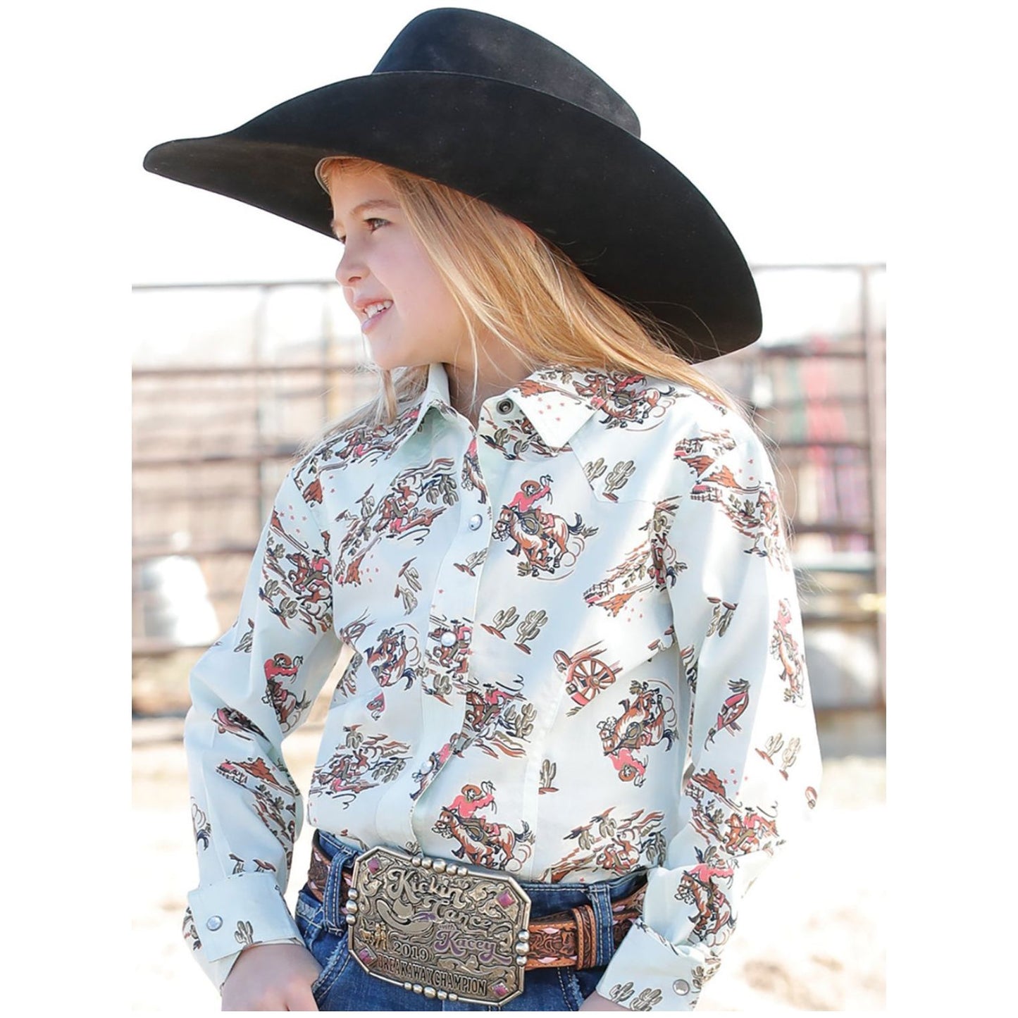 GIRL'S COWGIRL WESTERN PRINT SNAP FRONT WESTERN SHIRT - LIGHT BLUE