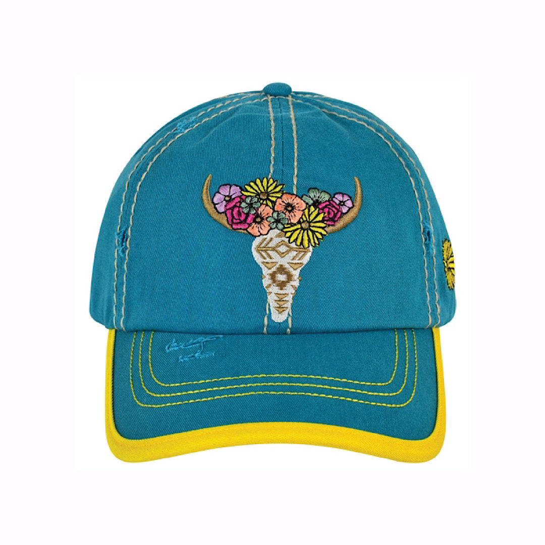 Catchfly - Teal Longhorn Skull Hidden Ponytail Velcro Back Ladies Ball Cap 2167HB4