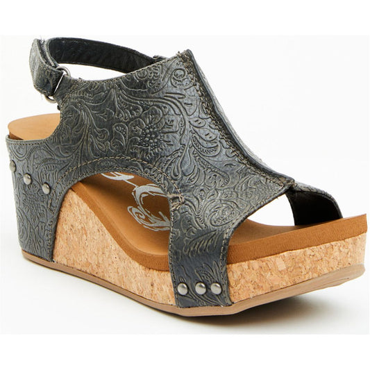 Isabella Tooled Charcoal Wedge Sandals