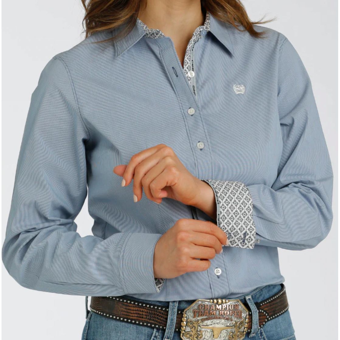 Cinch Women's Stripe Long Sleeve with Stretch Shirt - Light Blue Fine Stripe