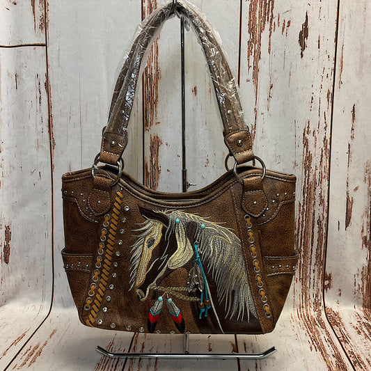 Herstation - Concealed Carry Western Horse Head Embroidered Brown Handbag G980W193