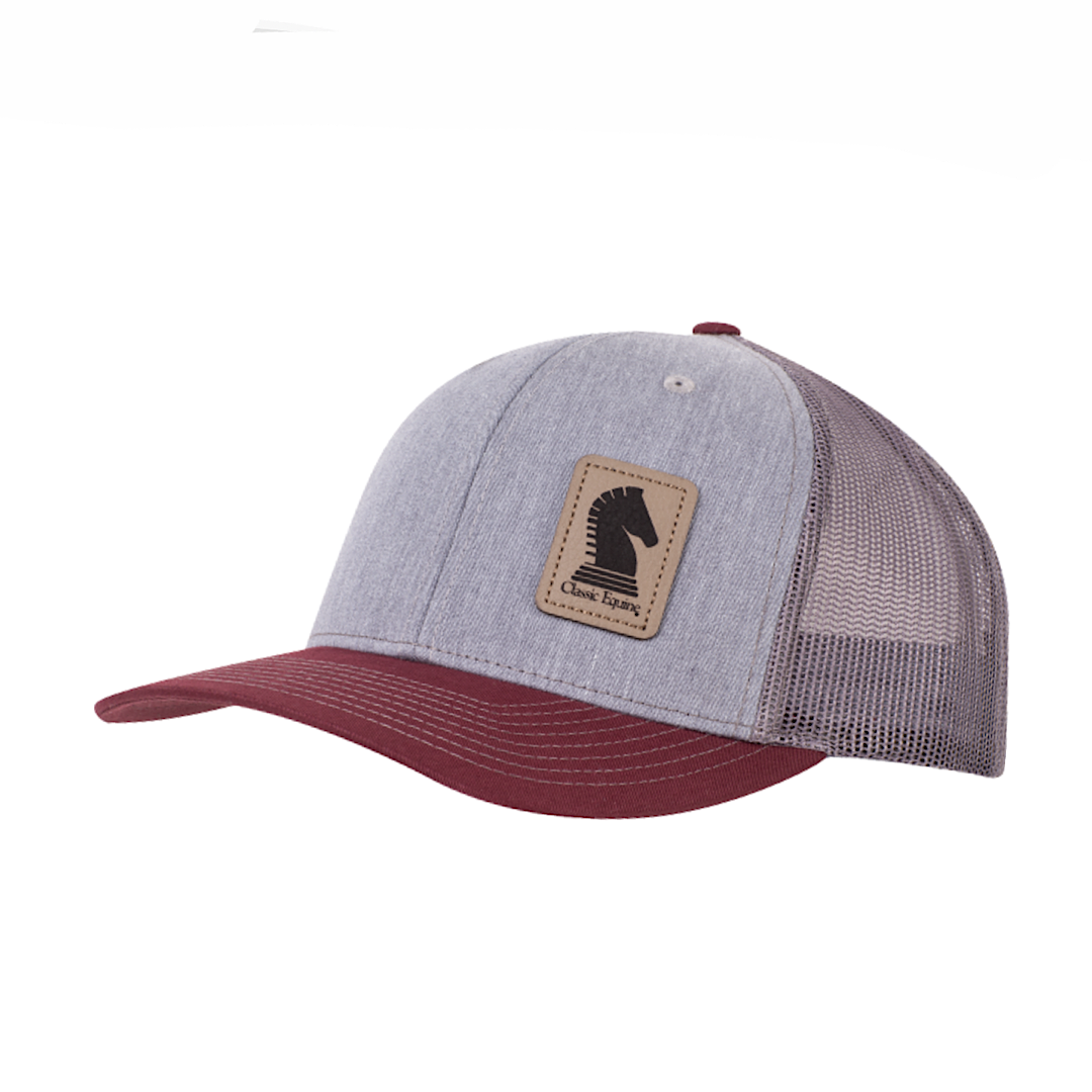 Classic Equine - Grey & Maroon With Brown Faux Leather Patch Snap Back Men’s Ball Cap CAPCE43CE1