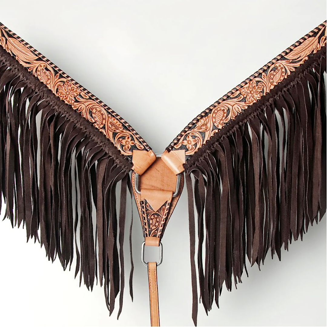 American Darling- Floral Carved With Whipstitch & Chocolate Fringe Tan Leather Breast Collar