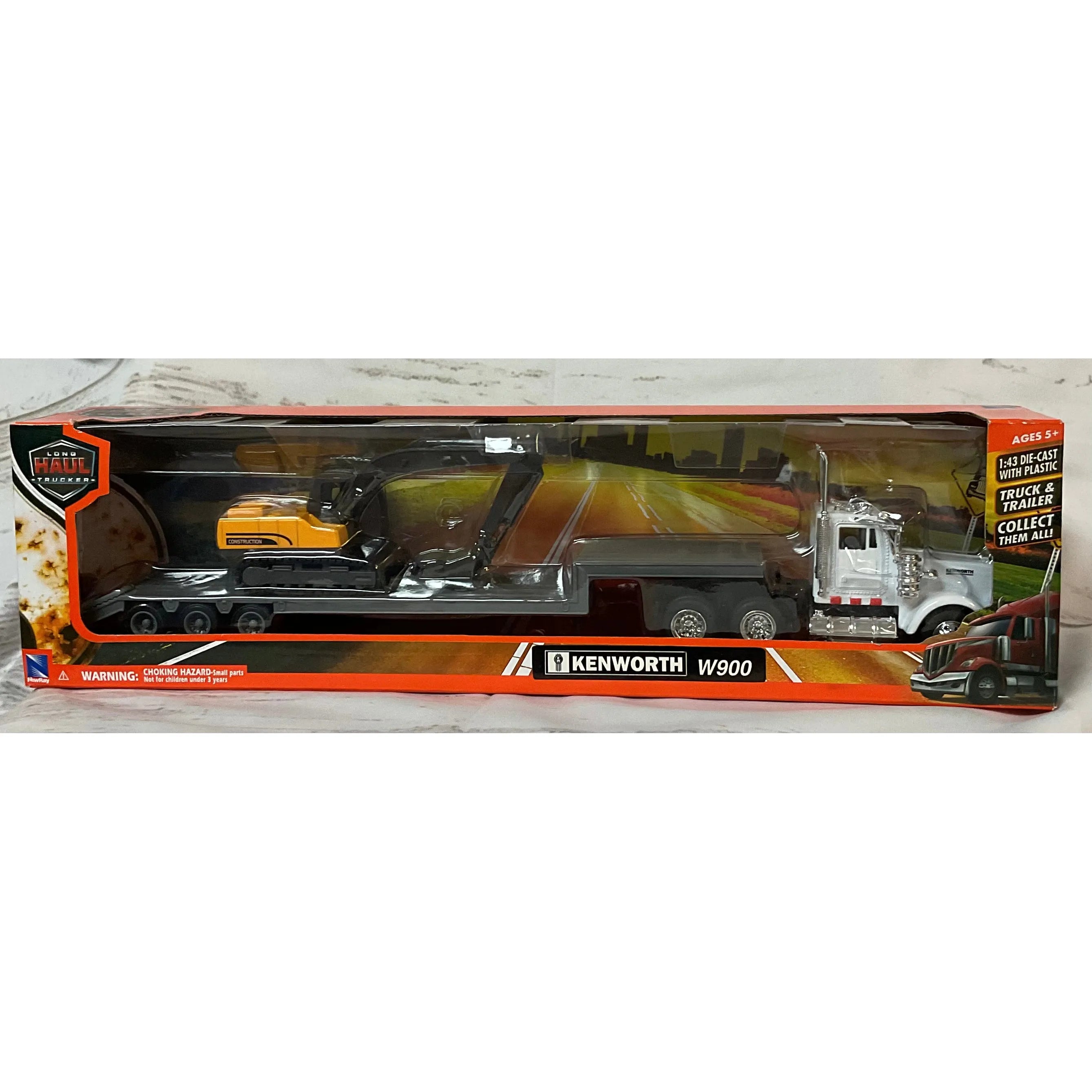 Long Haul Trucker - Kenworth W900 With Flatbed Trailer & Backhoe Set 15293