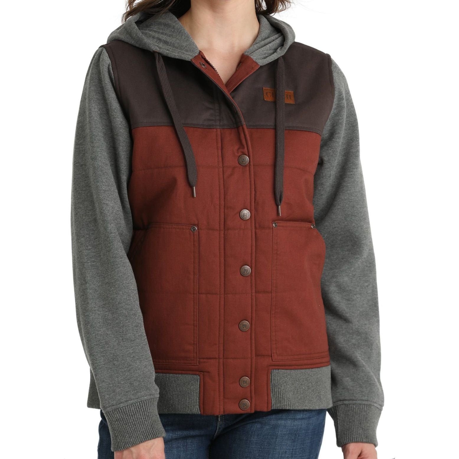 WOMEN'S CANVAS HOODIE JACKET - GRAY/BURGUNDY