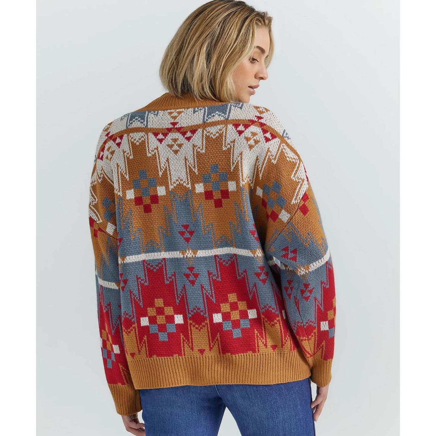 WRANGLER WOMEN'S WESTERN PATTERN CARDIGAN SWEATER IN CARAMEL