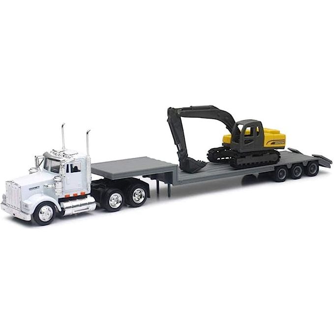 Long Haul Trucker - Kenworth W900 With Flatbed Trailer & Backhoe Set 15293