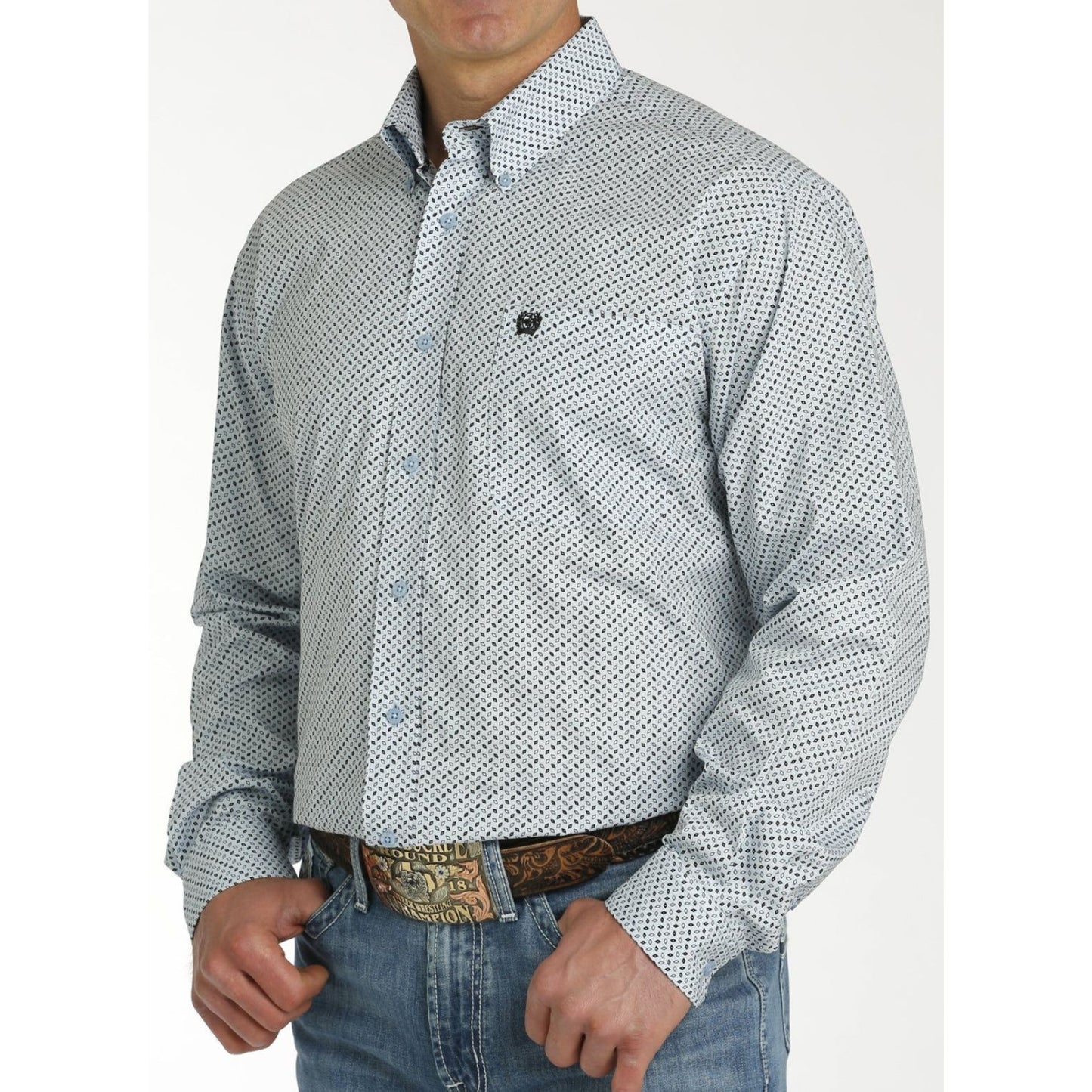 MEN'S DIAMOND PRINT BUTTON-DOWN WESTERN SHIRT - LIGHT BLUE