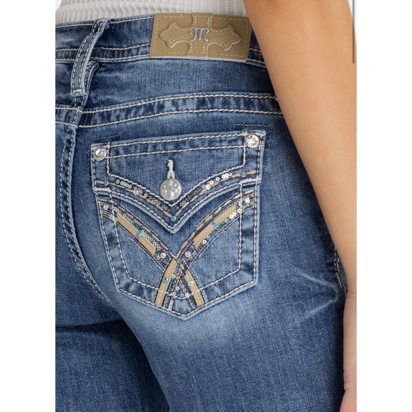 Miss Me Women's Avery Cross Stitch Mid-Rise Bootcut Jeans M9528BL